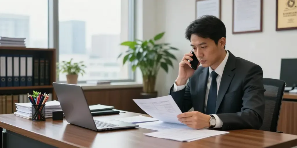 Goodtam private investigator reviewing case files in a professional office setting.