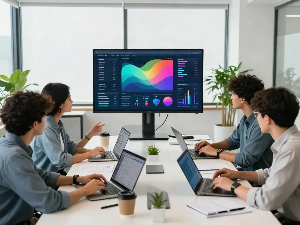 Team collaborating in a modern office using an AI visibility tool for agencies, with data analytics on screens.