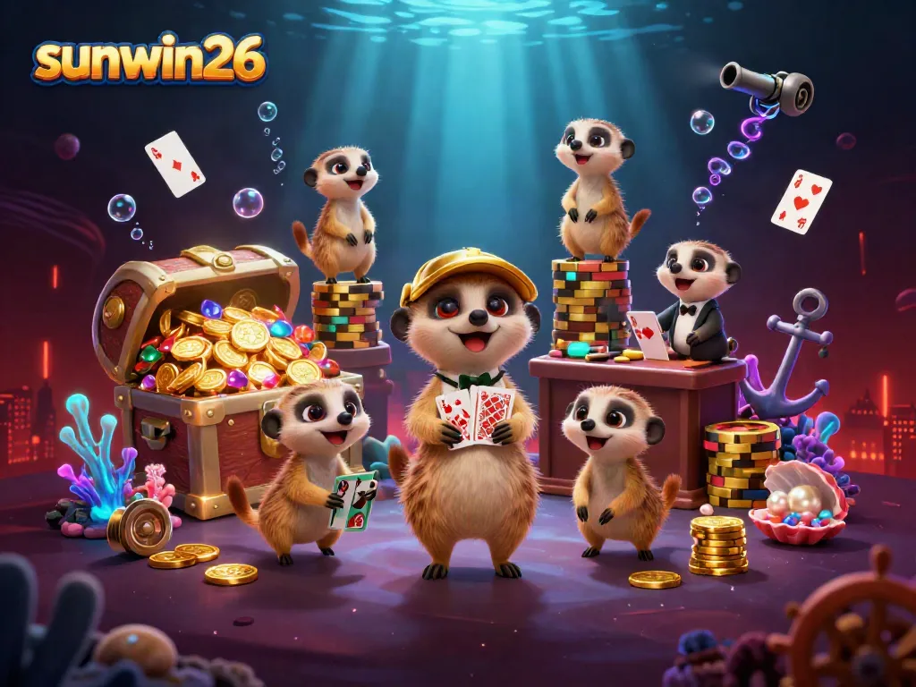 Celebrate the thrill of gameplay at sunwin26 with meerkats organizing a vibrant underwater casino.