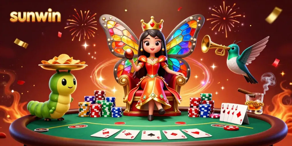 Experience the excitement of sunwin as a cartoon butterfly queen rules a casino scene filled with vibrant poker elements.