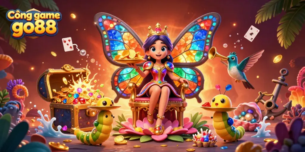 Engage with Cổng game go88 featuring a whimsical 3D butterfly queen amidst treasure and casino elements.