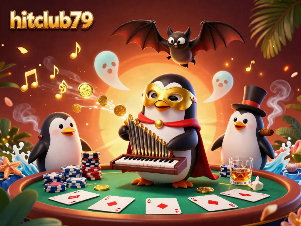 Experience thrilling wins with hitclub79 in a vibrant 3D casino scene featuring a coin-shooting pipe organ and poker action.