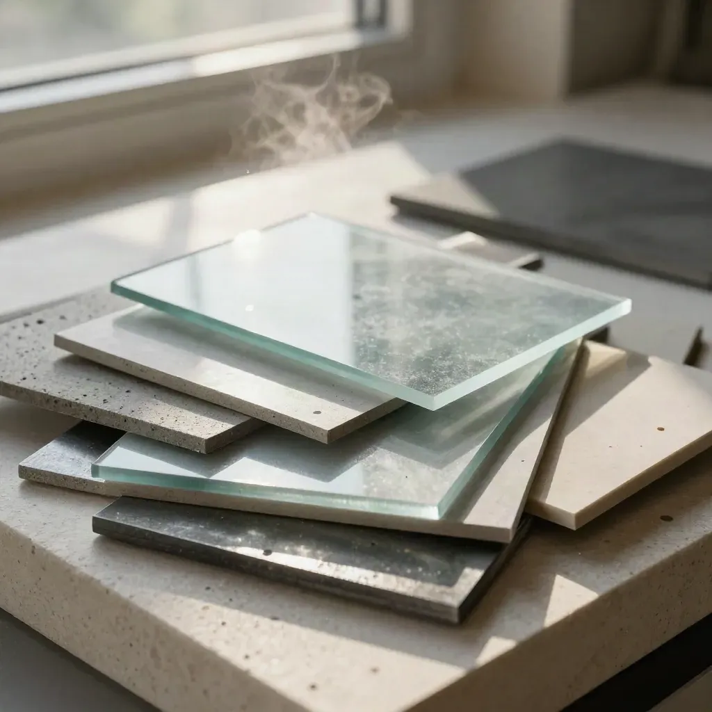 Architecturale materiaalstalen van beton, glas, staal en eiken op een stenen plaat in zacht licht.
