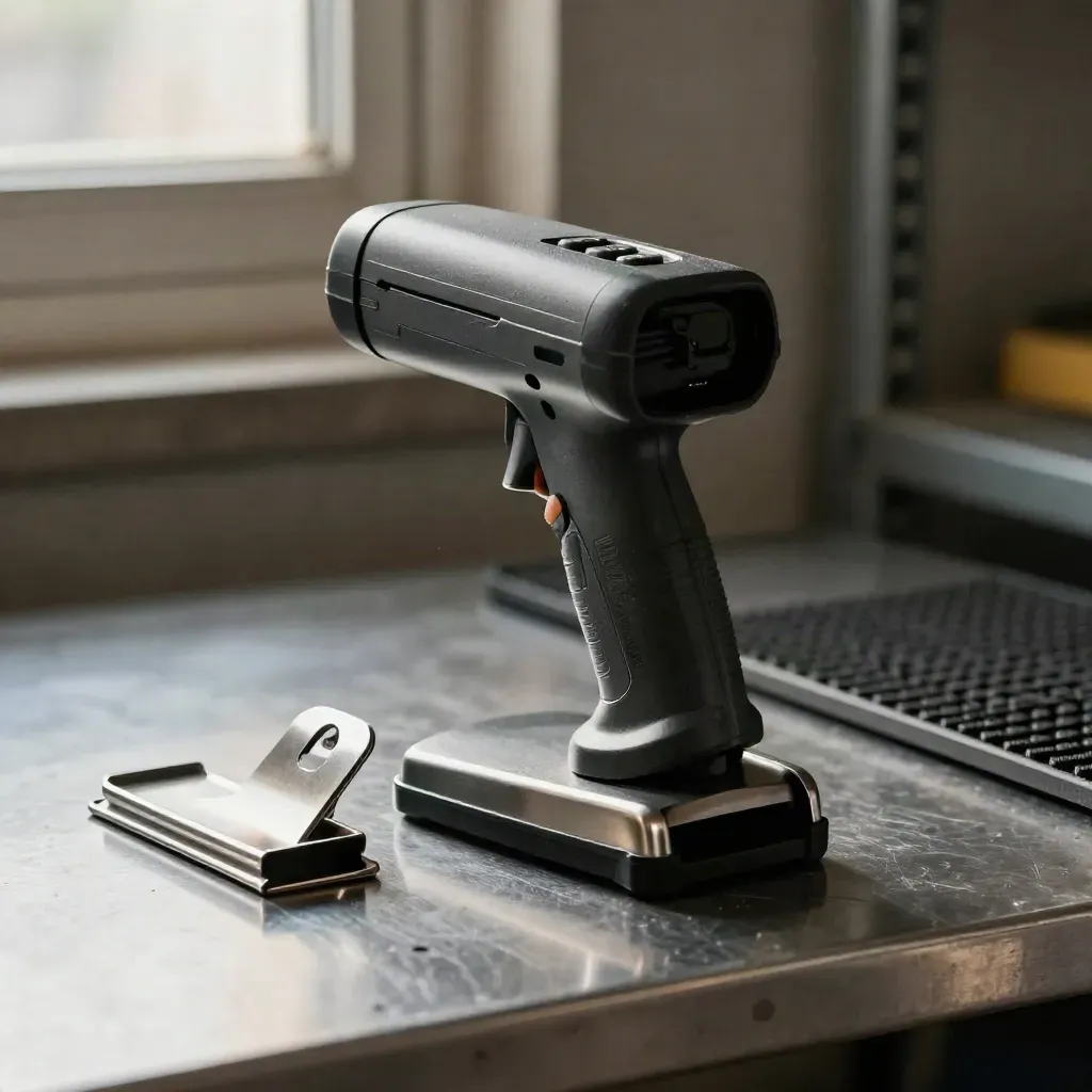 Scanner in laadstation met metalen klem en rubberen mat op een industriële werkbank.