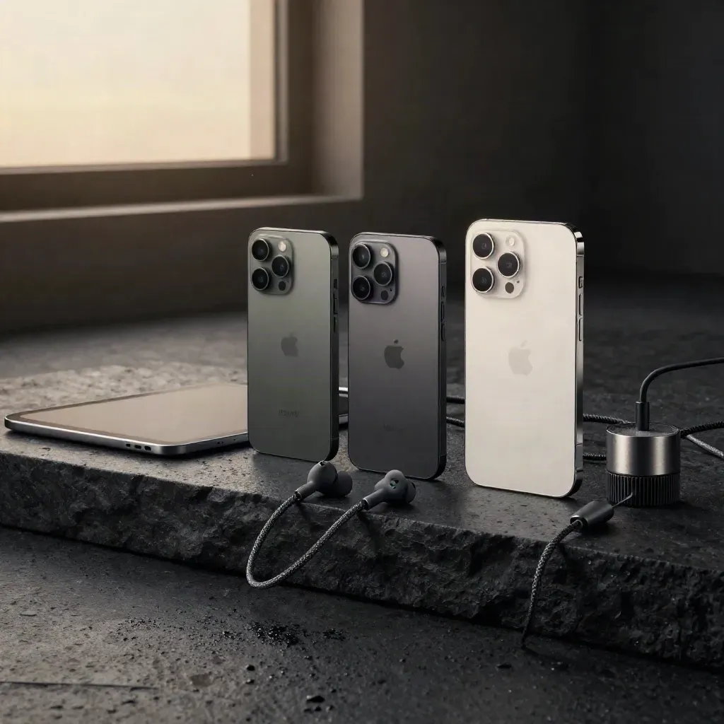 Drie smartphones, een tablet, oordoppen en een laadpuck op kalksteen in dramatisch licht.