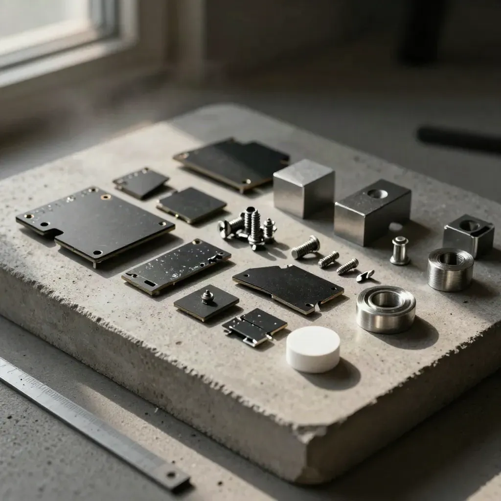 Bovenaanzicht van aluminium prototypen, pcb-fragmenten en microschroeven op koel beton.
