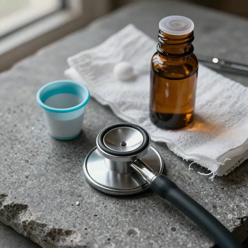 Bovenaanzicht van een stethoscoopkop, medicijncup, gaas en amber flesje op kalksteen.