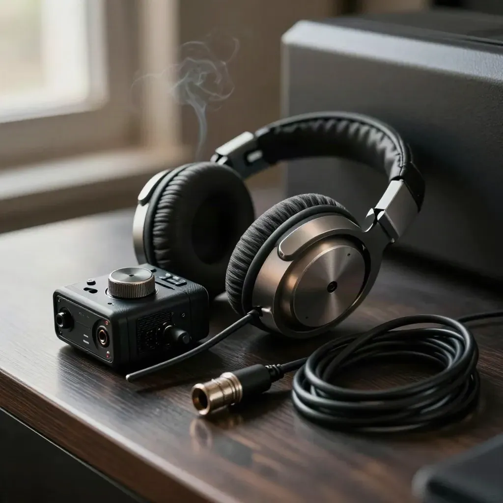 Koptelefoon, audio-recorder en XLR-kabel op donker aluminium in dramatisch studiolicht.