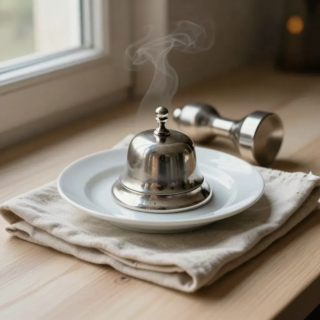 Zilveren servicebel, porseleinen schotel, linnen servet en espressotamper op licht hout.