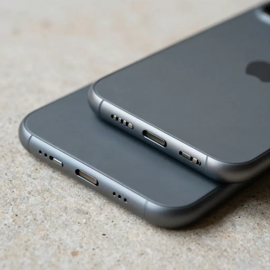 Twee matte smartphones rug aan rug met spacer en oordopcase op lichtgrijze steen.