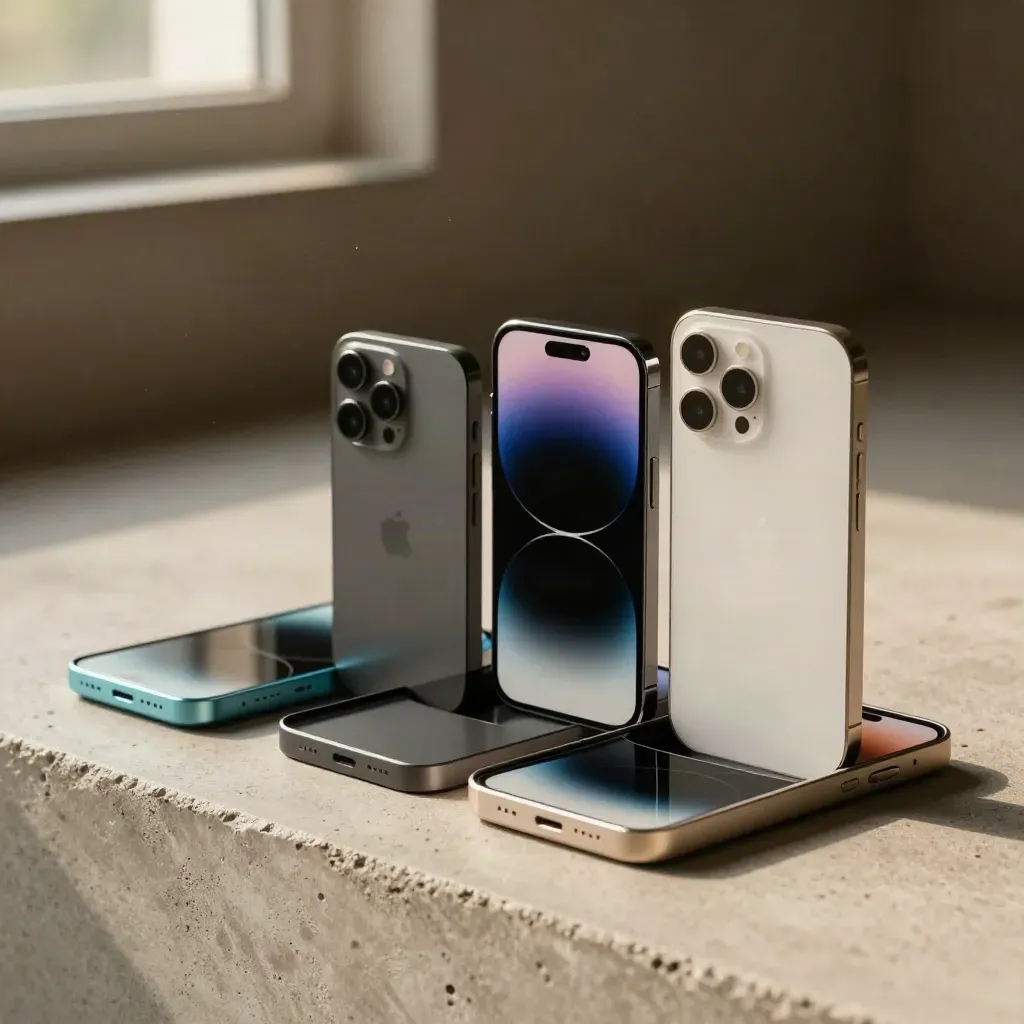 Drie smartphones en twee sorteerbakjes op licht beton, strak van links naar rechts geordend.