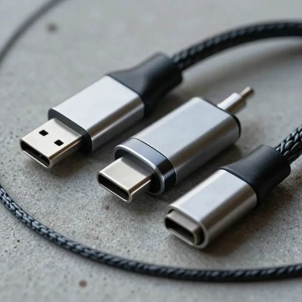 Bovenaanzicht van een adapterset, dongle, USB-C stekker, laadpuck en kabel op koel beton.