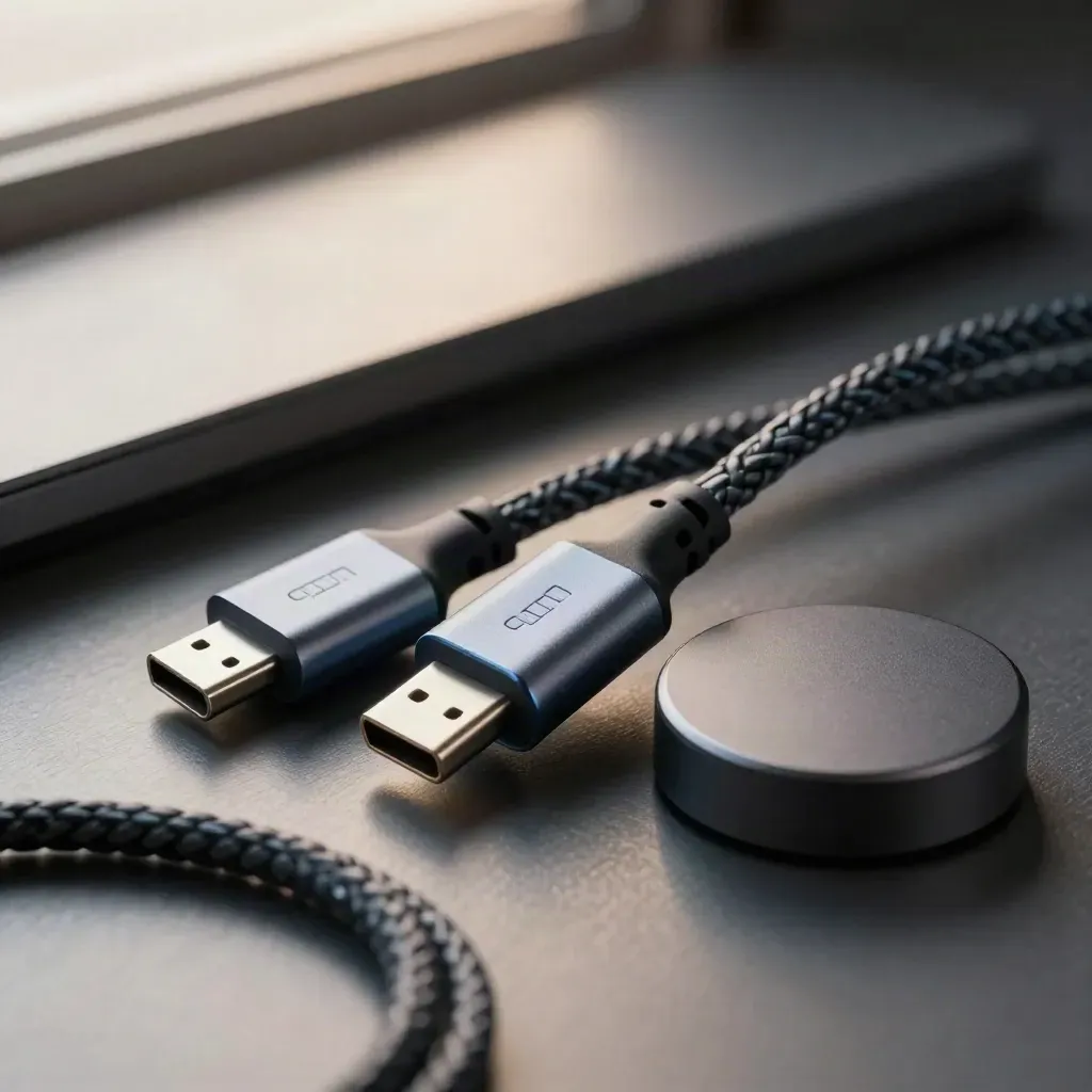 USB-C kabel, adaptertip en magnetische laadpuck op geborsteld metaal in dramatisch licht.