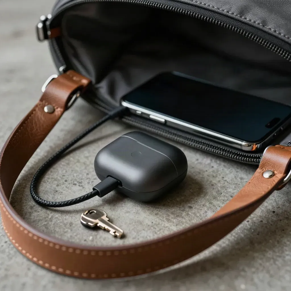 Reisset met oordopjes, oplader, sleutelclip en telefoon half uit een tas, dramatisch belicht.