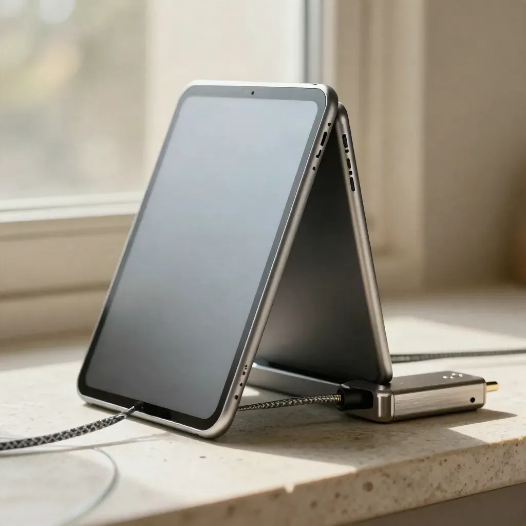 Twee tablets, dockinghub, syncblok en gevlochten kabel op steen, gezien door een glazen rand.