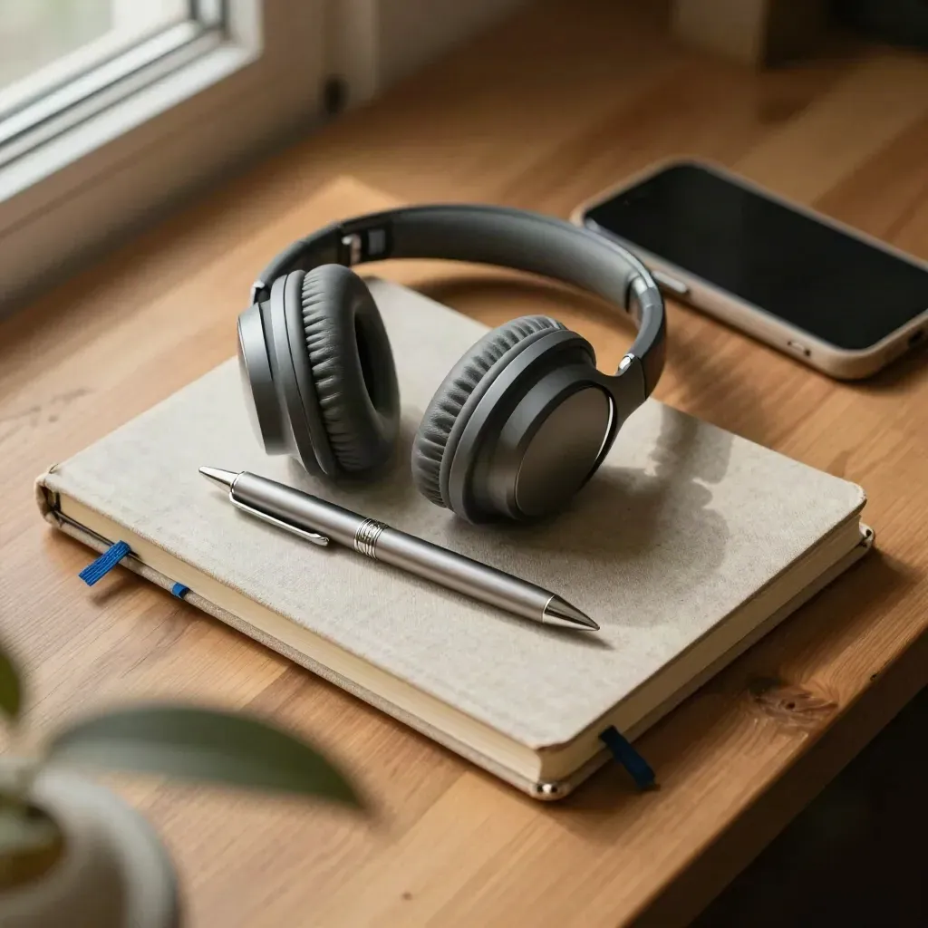 Bovenaanzicht van notebook, koptelefoon, pen, telefoon en tablethoes op warm hout in zacht ochtendlicht.