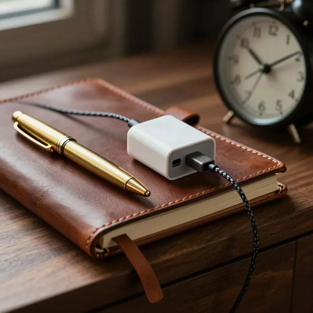 Donkere still life van leren notebook, messing pen, lader en tafelklok op walnoothout.