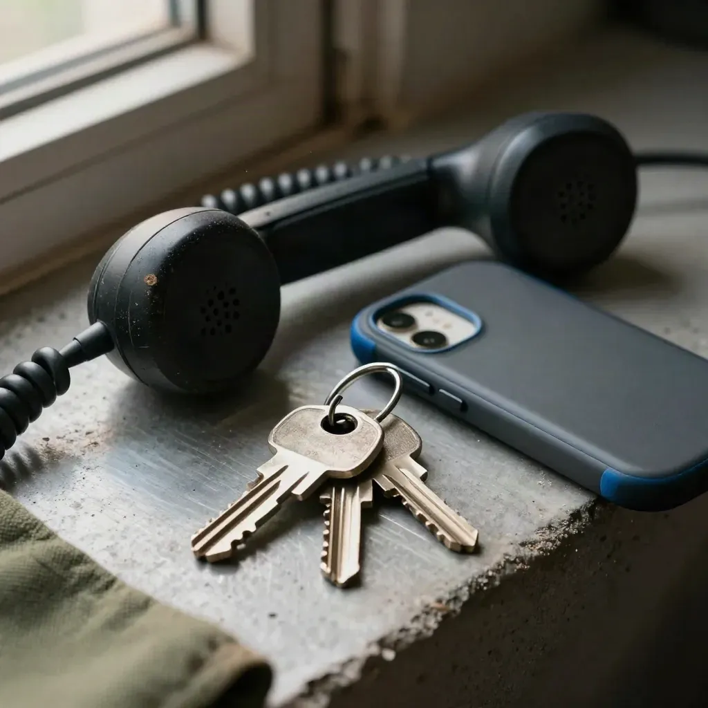 Macro van een robuuste radio, kabelspiraal, sleutels en telefoonhoes op beton.