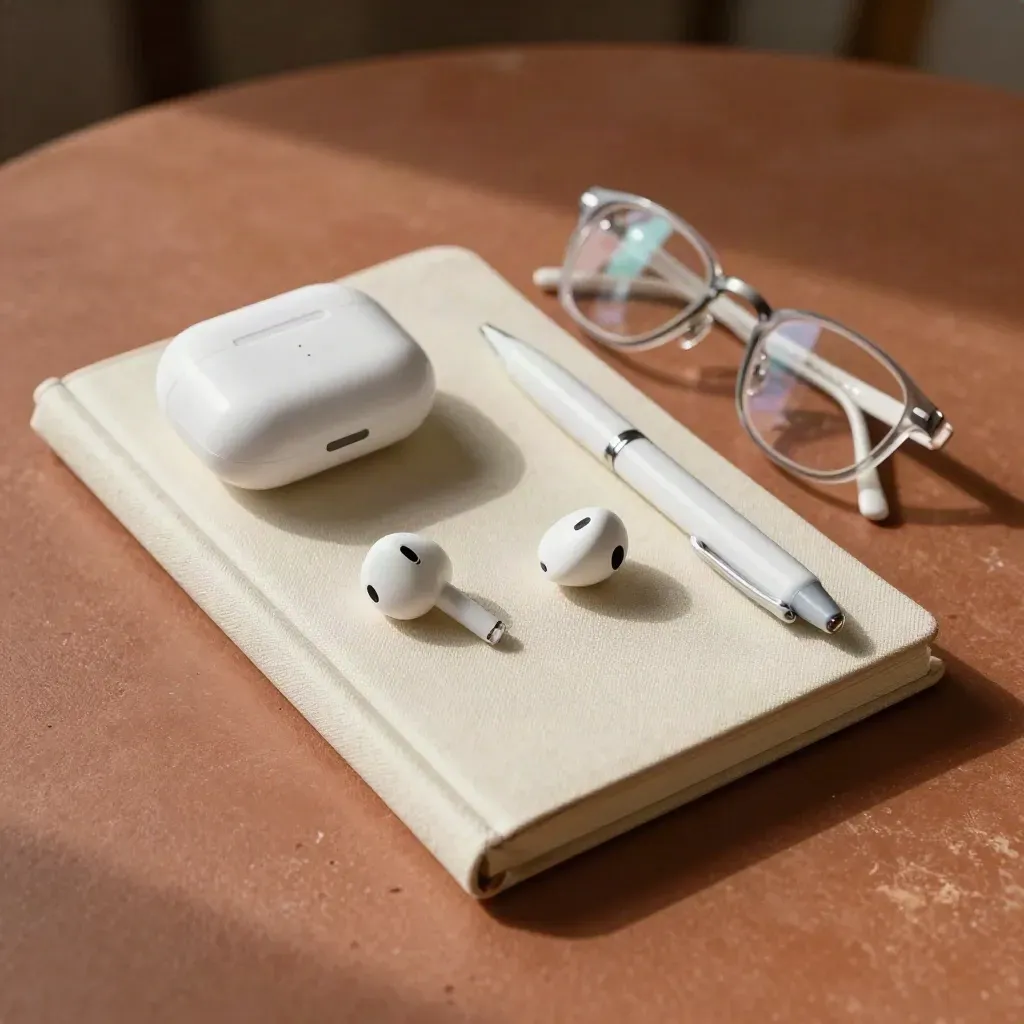 Notitieboek, earbuds, bril en pen op warme terracottatafel in zacht daglicht.