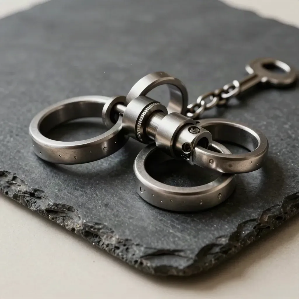 Metalen koppelingen en ringen klikken samen op een donkere stenen ondergrond.