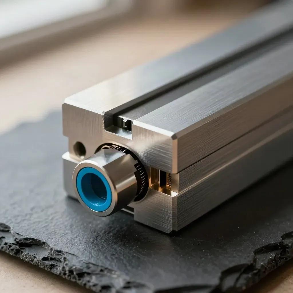 Gestapelde aluminium blokken met micro-connector en veerclip op een matte leisteen