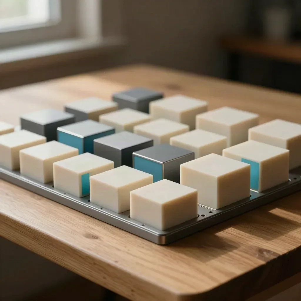 Pale traymodules en metalen spacers op licht hout in een rustige studio-opstelling.