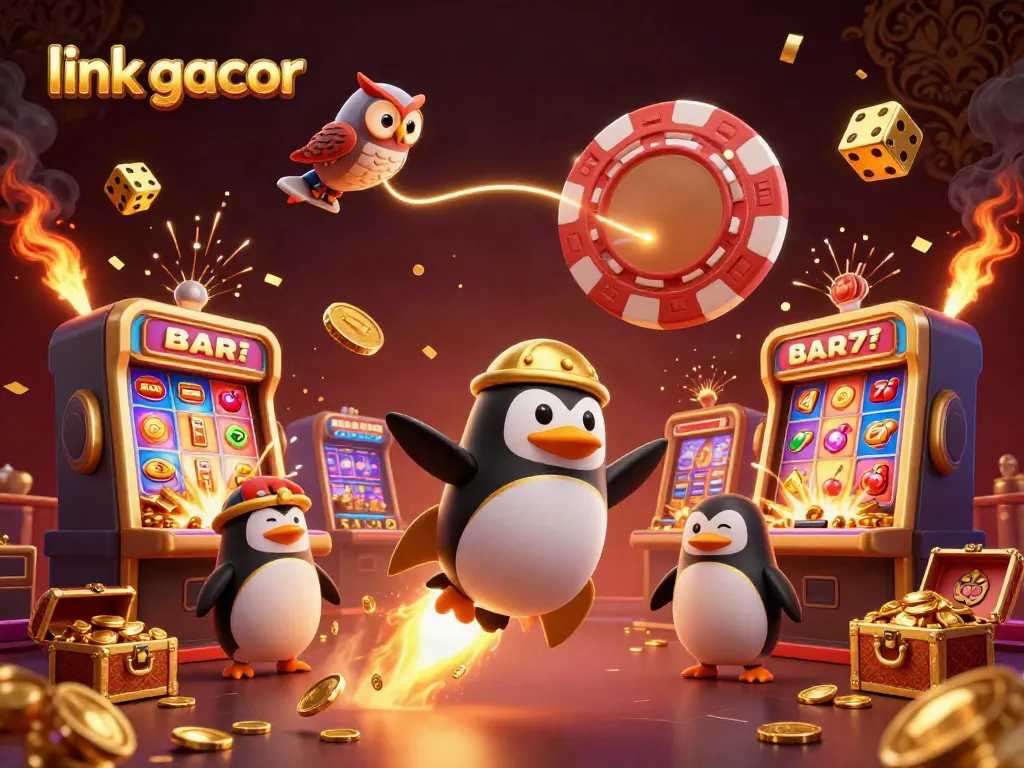 Experience winning excitement with the link gacor, a dynamic casino-themed 3D illustration of a golden penguin and colorful slot machines.