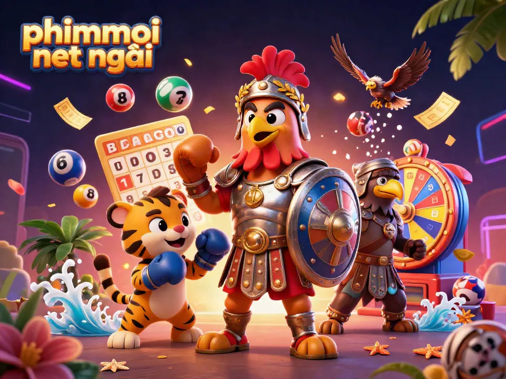 Engage with the dynamic phimmoi net mới gambling scene featuring an energetic rooster, tiger cub, and eagle.