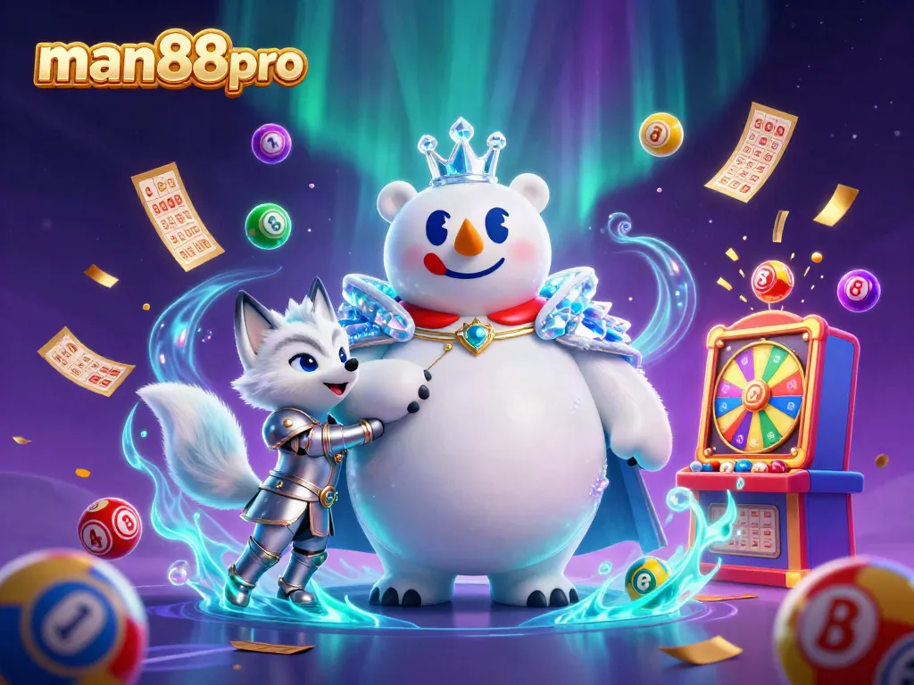 Experience exciting casino moments with man88pro, showcasing a whimsical polar bear king and fox amidst vibrant art.