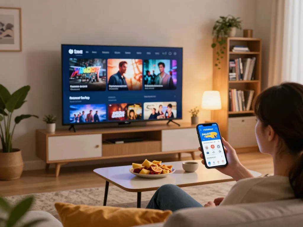 Enjoying streaming on PickAShow App in a cozy living room setting.