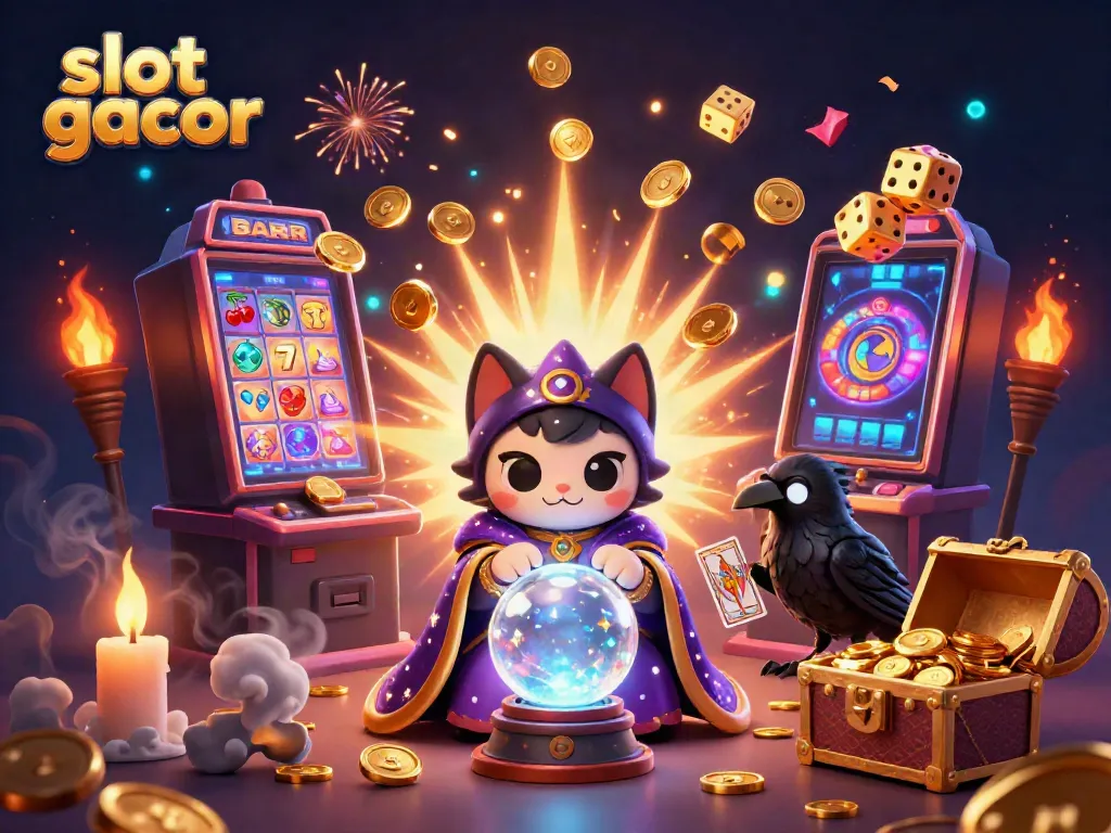 Engaging scene with slot gacor theme features mystic cat, raven, slot machine, and dazzling coins.