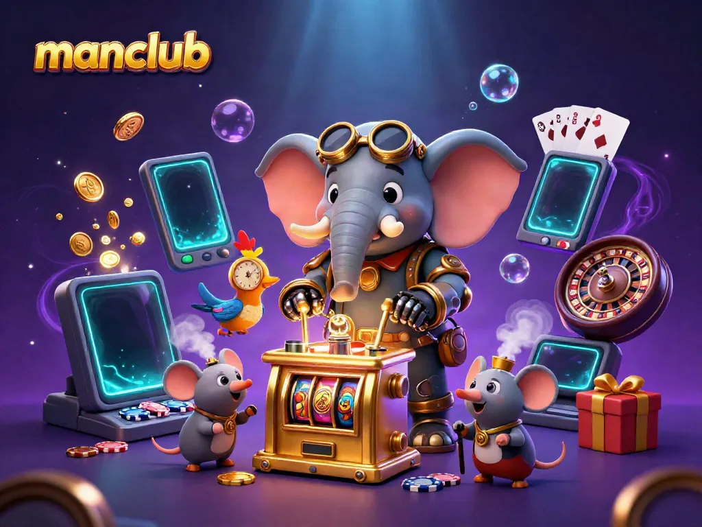 Spin the reels with manclub's steampunk elephant engineer and whimsical gambling elements in a lively casino scene.