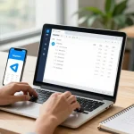 Setting up the Telegram Chinese Version in a modern tech workspace with language options visible on a laptop.
