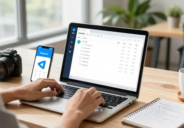 Setting up the Telegram Chinese Version in a modern tech workspace with language options visible on a laptop.